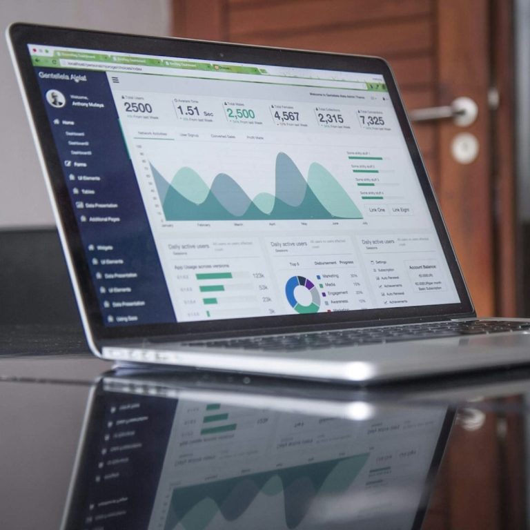 Laptop auf einem Tisch mit Datenanalysen und Grafiken auf dem Bildschirm.