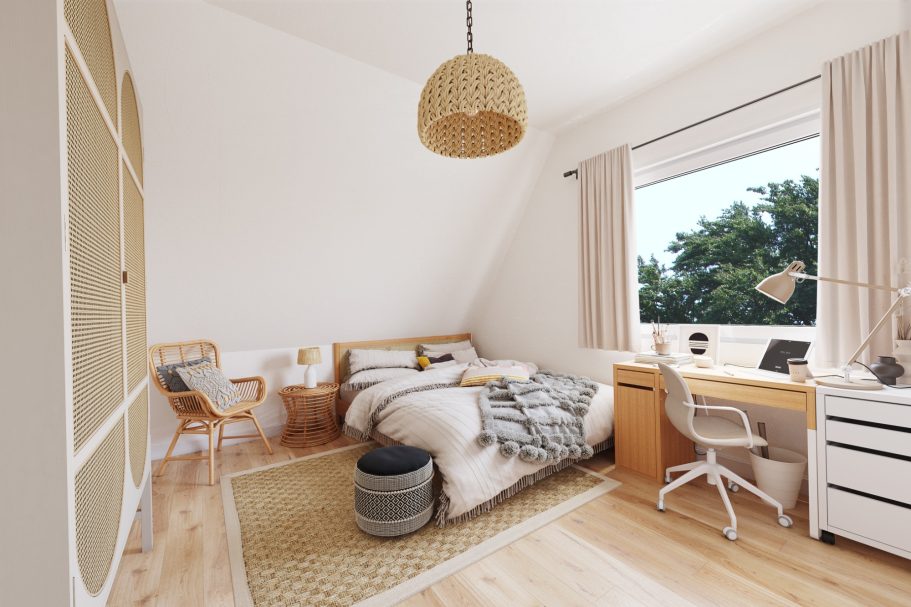 Helles Schlafzimmer mit Bett, Schreibtisch und Fenster, umgeben von Pflanzen.