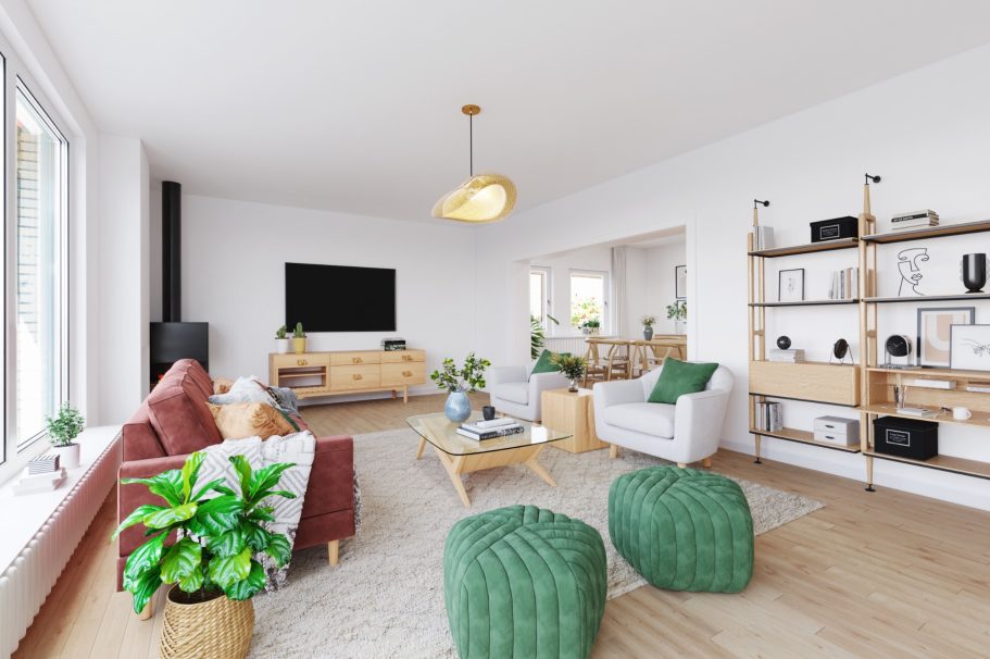 Helles Wohnzimmer mit gemütlichen Möbeln, Pflanzen und TV-Möbel.