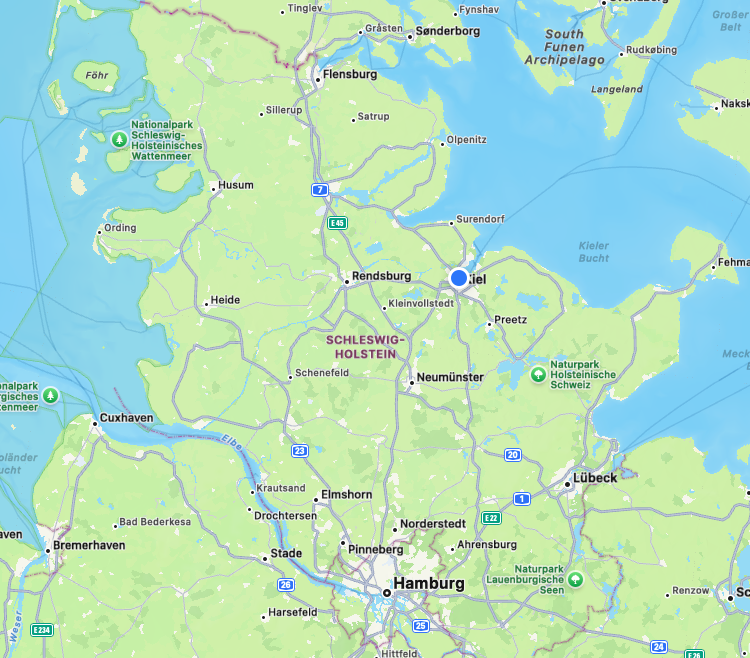 Karte Karte von Norddeutschland mit Städten und Straßen, einschließlich Neumünster, Kreis Plön, Kiel und Hamburg.