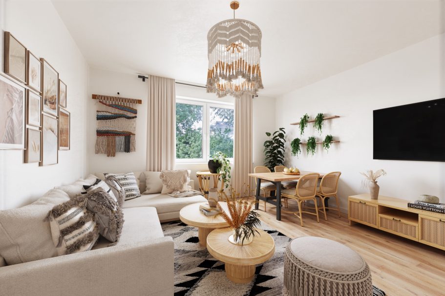 Helles Wohnzimmer mit gemütlichem Sofa, Holztisch, Pflanzen und moderner Dekoration.