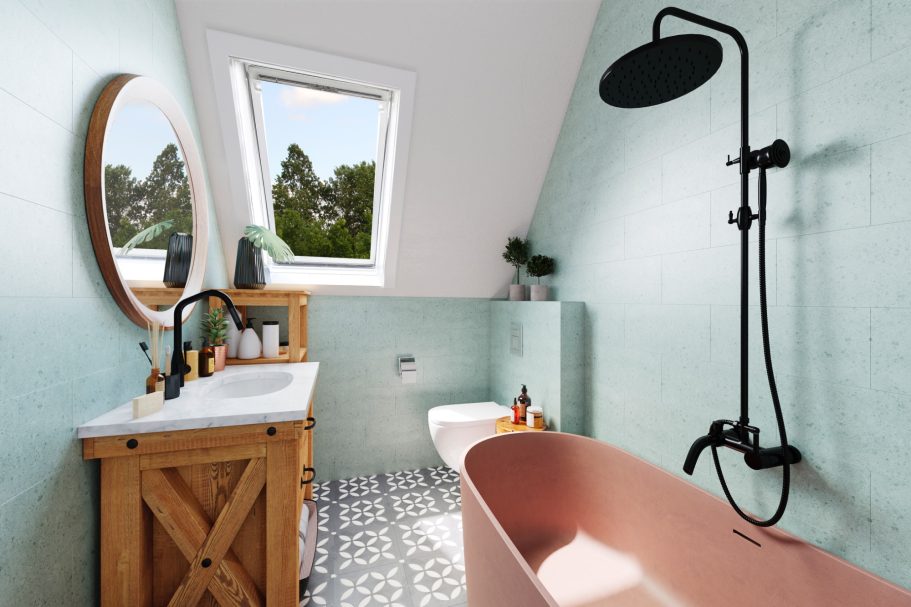 Modernes Badezimmer mit mintgrünen Wänden, freistehender Badewanne und Regendusche.